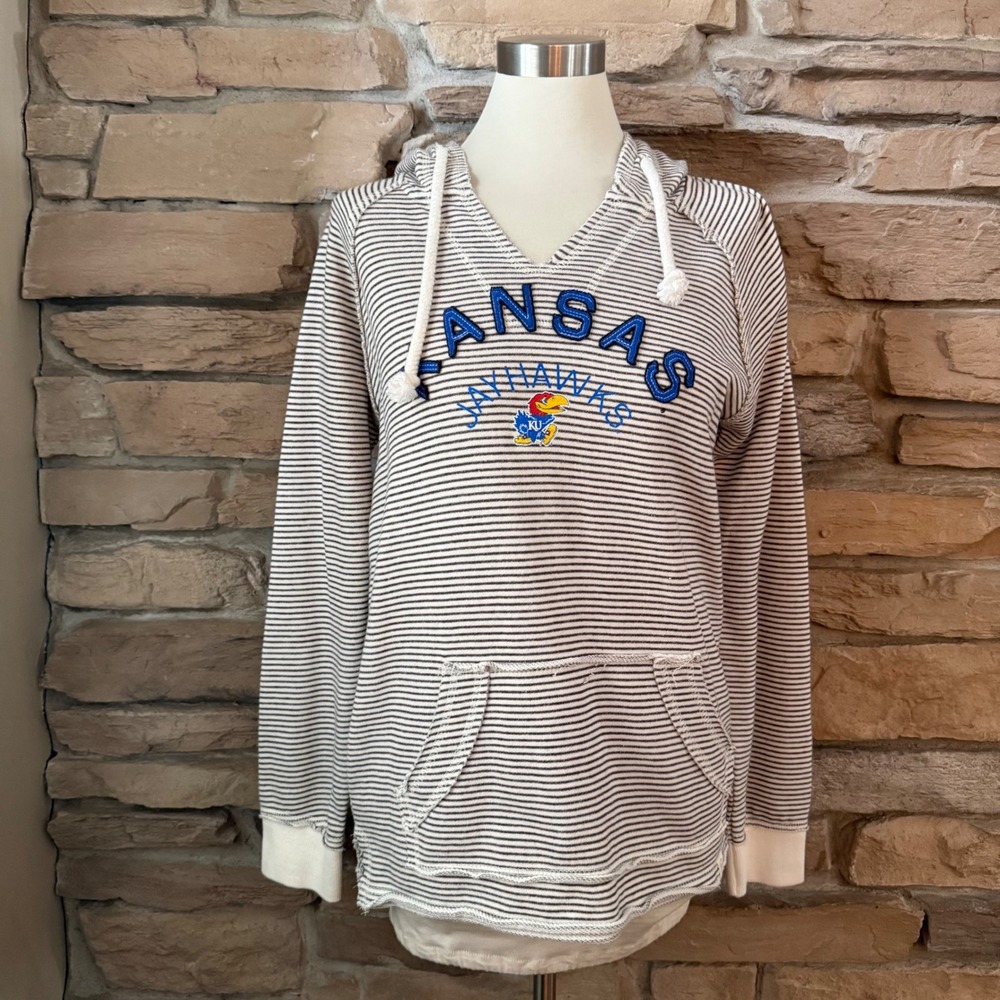 Blue 84 Kansas Jayhawks Striped Hoodie Sweatshirt Womens Medium